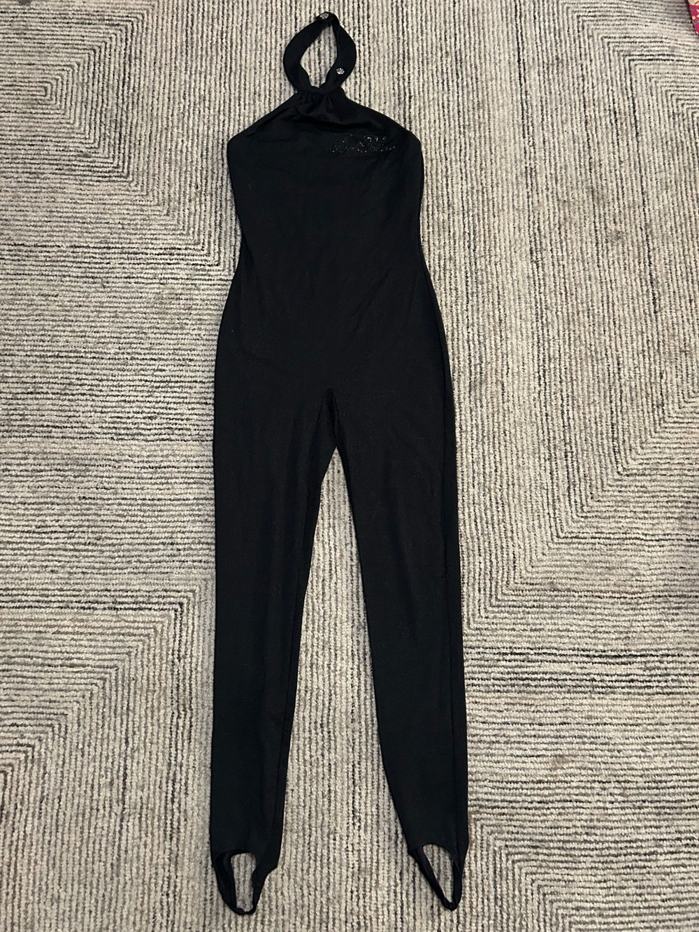 Y2K Vintage Apple Bottoms Black Halter Stirrup Jumpsuit Bodysuit XL Stretch